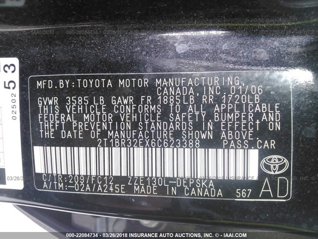 2T1BR32EX6C623388 - 2006 TOYOTA COROLLA CE/LE/S BLACK photo 9