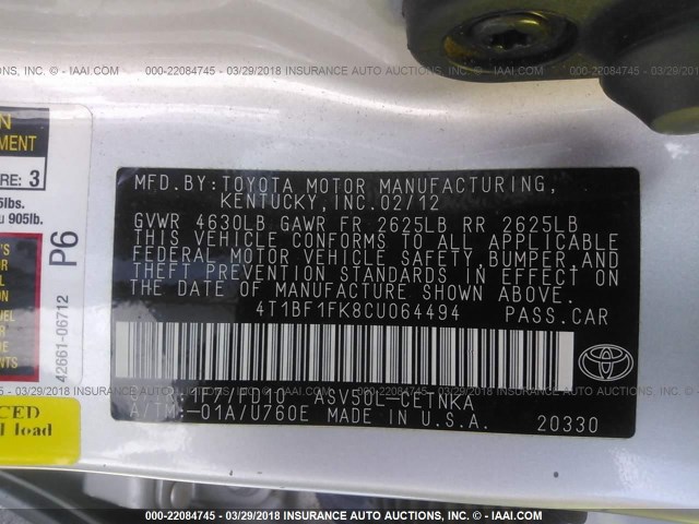 4T1BF1FK8CU064494 - 2012 TOYOTA CAMRY SE/LE/XLE GRAY photo 9