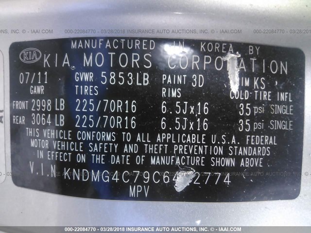 KNDMG4C79C6442774 - 2012 KIA SEDONA LX SILVER photo 9