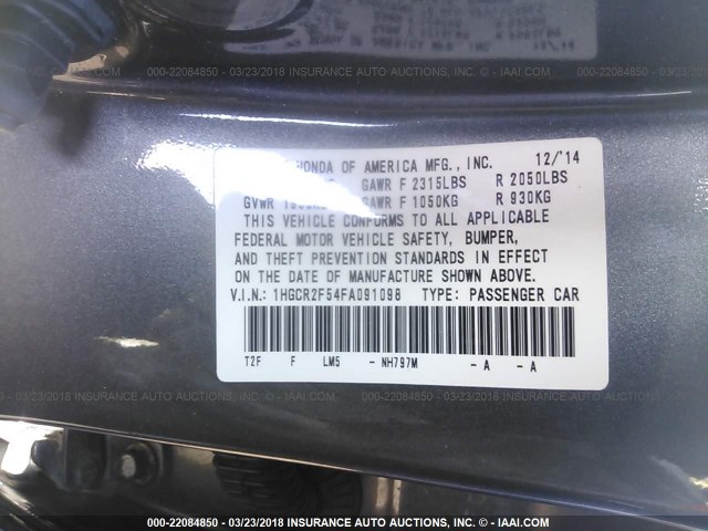 1HGCR2F54FA091098 - 2015 HONDA ACCORD SPORT GRAY photo 9