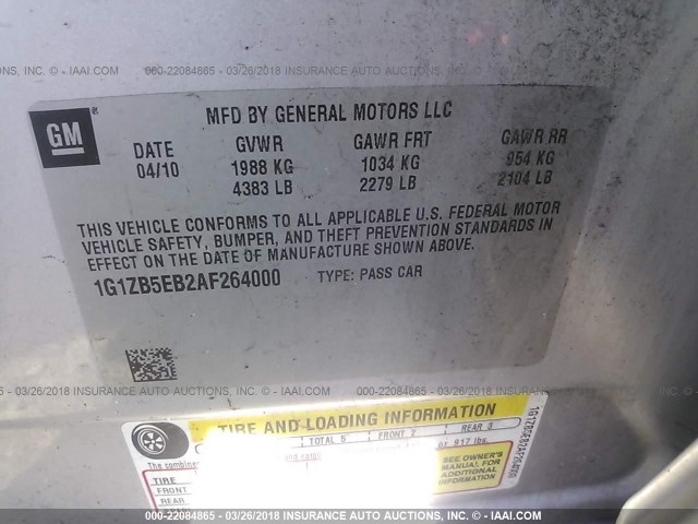 1G1ZB5EB2AF264000 - 2010 CHEVROLET MALIBU LS 银色 照片 9