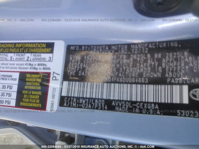 4T1BD1FK6DU064663 - 2013 TOYOTA CAMRY HYBRID/LE/XLE 浅蓝色 照片 9