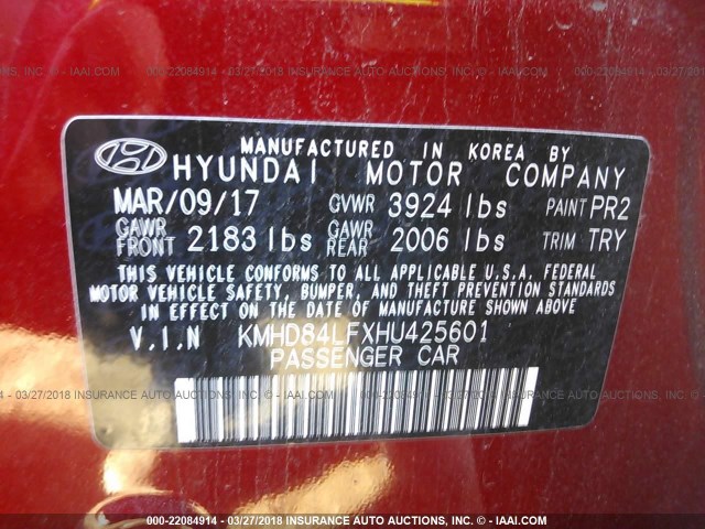 KMHD84LFXHU425601 - 2017 HYUNDAI ELANTRA SE/VALUE/LIMITED RED photo 9