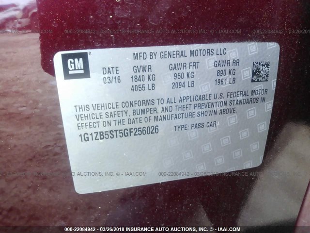 1G1ZB5ST5GF256026 - 2016 CHEVROLET MALIBU LS ბურგუნდია ფოტო 9