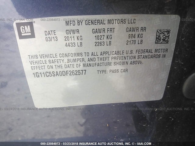 1G11C5SA0DF262577 - 2013 CHEVROLET MALIBU 1LT 蓝色 照片 9