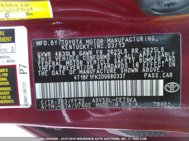4T1BF1FK2DU680337 - 2013 TOYOTA CAMRY L/SE/LE/XLE RED photo 9