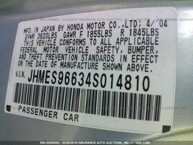 JHMES96634S014810 - 2004 HONDA CIVIC HYBRID SILVER photo 9