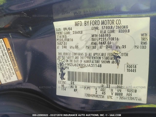 1FMZU62K85UA31148 - 2005 FORD EXPLORER XLS/XLS SPORT BLUE photo 9