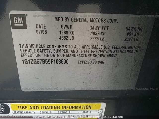 1G1ZG57B59F108690 - 2009 CHEVROLET MALIBU LS 灰色 照片 9