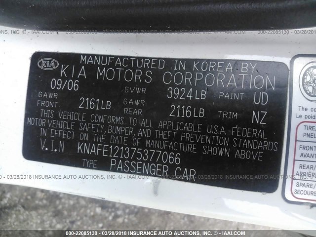 KNAFE121375377066 - 2007 KIA SPECTRA EX/LX WHITE photo 9