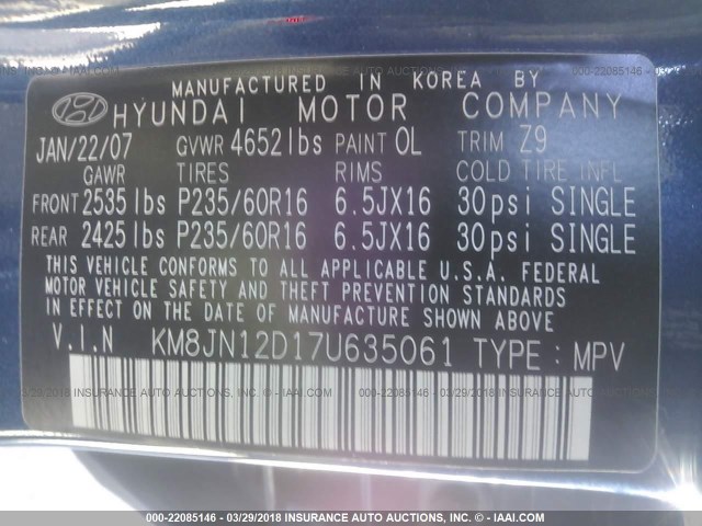 KM8JN12D17U635061 - 2007 HYUNDAI TUCSON SE/LIMITED BLUE photo 9