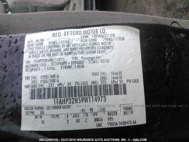 1FAHP32N59W114973 - 2009 FORD FOCUS SE BLACK photo 9