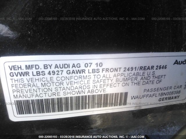 WAUFFAFL1BN008398 - 2011 AUDI A4 PREMIUM PLUS BLACK photo 9