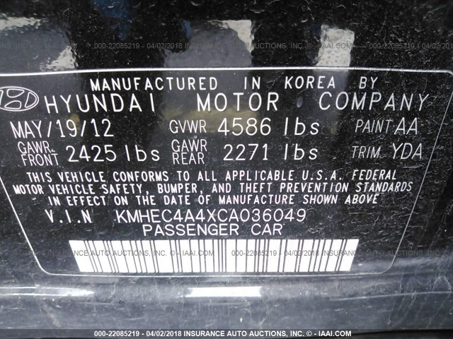 KMHEC4A4XCA036049 - 2012 HYUNDAI SONATA HYBRID BLACK photo 9