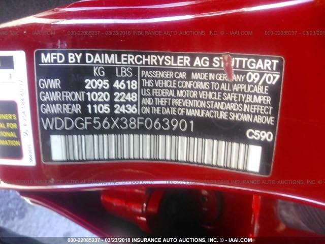 WDDGF56X38F063901 - 2008 MERCEDES-BENZ C 350 RED photo 9