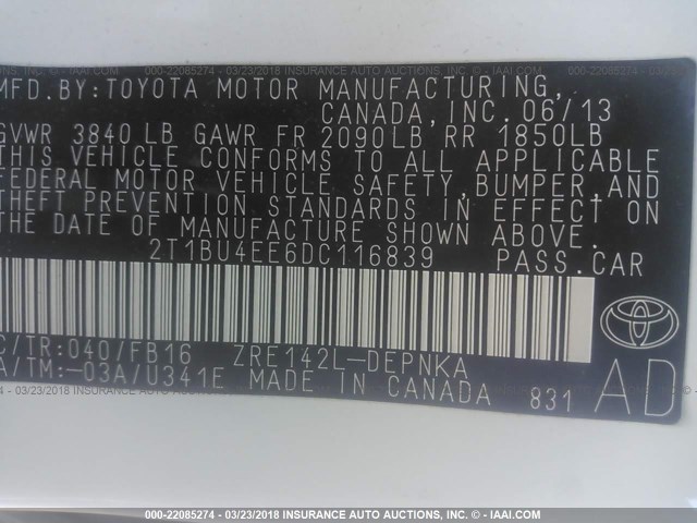 2T1BU4EE6DC116839 - 2013 TOYOTA COROLLA S/LE WHITE photo 9