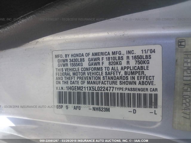 1HGEM211X5L022477 - 2005 HONDA CIVIC DX VP SILVER photo 9