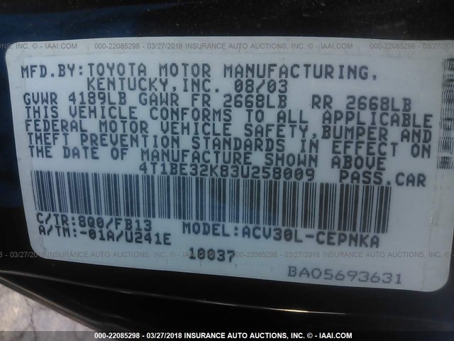 4T1BE32K83U258009 - 2003 TOYOTA CAMRY LE/XLE/SE BLUE photo 9