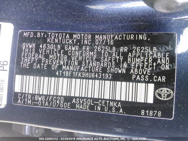 4T1BF1FK9HU643193 - 2017 TOYOTA CAMRY LE/XLE/SE/XSE BLUE photo 9