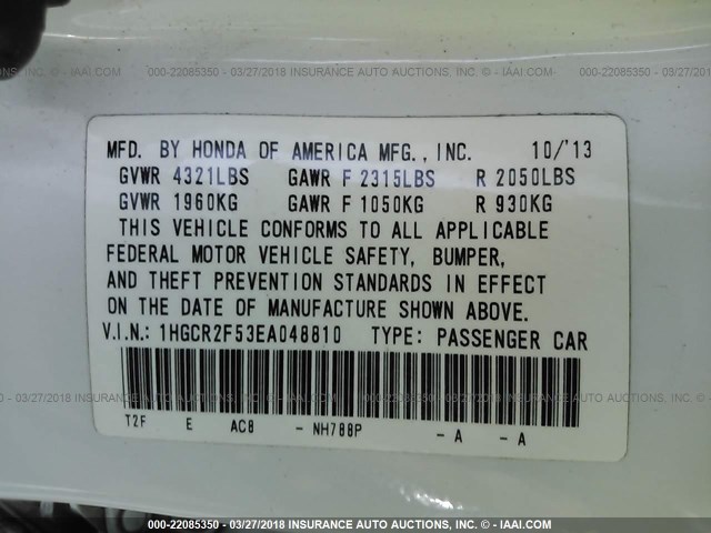 1HGCR2F53EA048810 - 2014 HONDA ACCORD SPORT Ақ фото 9