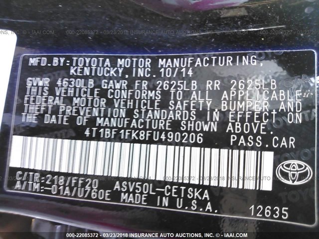 4T1BF1FK8FU490206 - 2015 TOYOTA CAMRY LE/XLE/SE/XSE BLACK photo 9