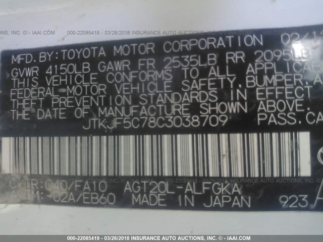 JTKJF5C78C3038709 - 2012 TOYOTA SCION TC 白色 照片 9