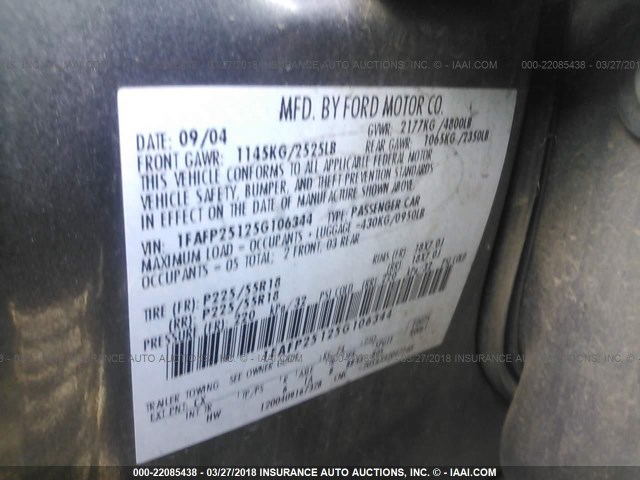 1FAFP25125G106344 - 2005 FORD FIVE HUNDRED LIMITED GRAY photo 9