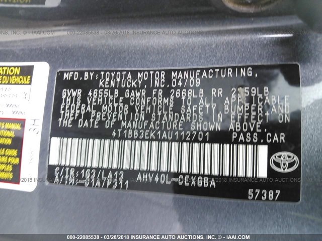 4T1BB3EK1AU112701 - 2010 TOYOTA CAMRY HYBRID GRAY photo 9