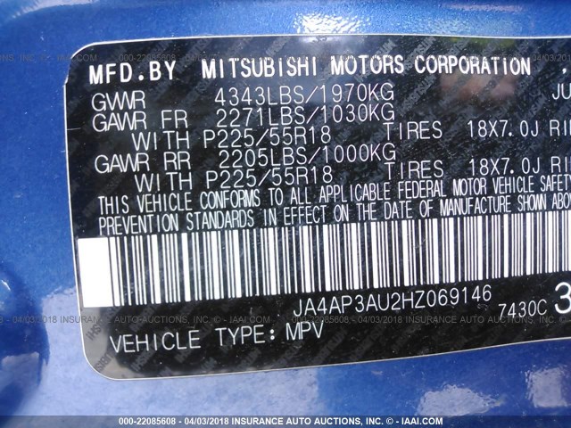 JA4AP3AU2HZ069146 - 2017 MITSUBISHI OUTLANDER SPORT ES/SE BLUE photo 9