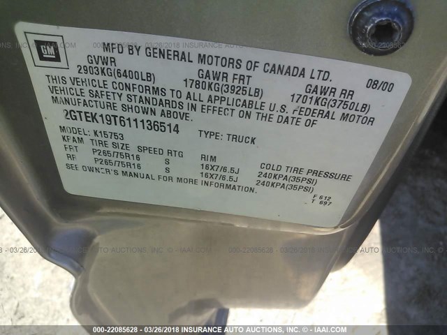 2GTEK19T611136514 - 2001 GMC NEW SIERRA K1500 TAN photo 9