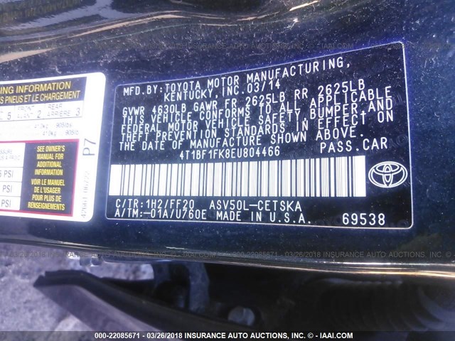 4T1BF1FK8EU804466 - 2014 TOYOTA CAMRY L/SE/LE/XLE 黑色 照片 9