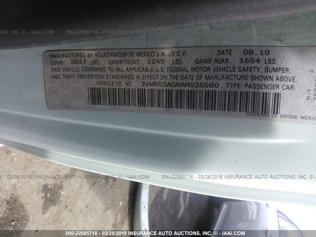 3VWRG3AG8AM036580 - 2010 VOLKSWAGEN NEW BEETLE 浅蓝色 照片 9