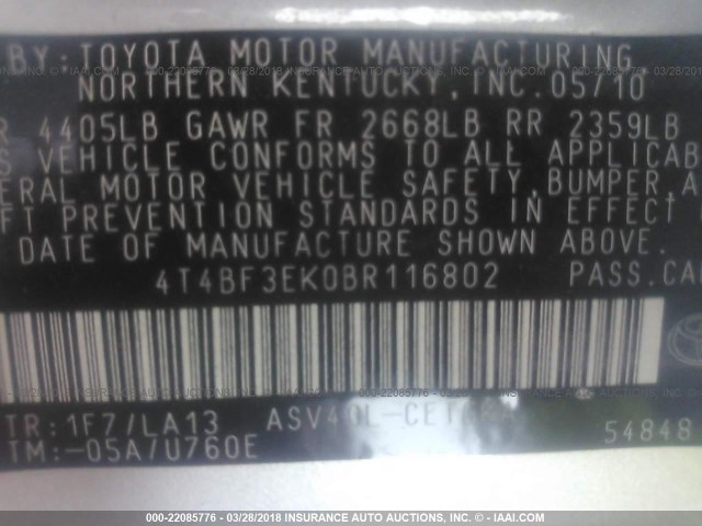 4T4BF3EK0BR116802 - 2011 TOYOTA CAMRY SE/LE/XLE Серебристый фото 9