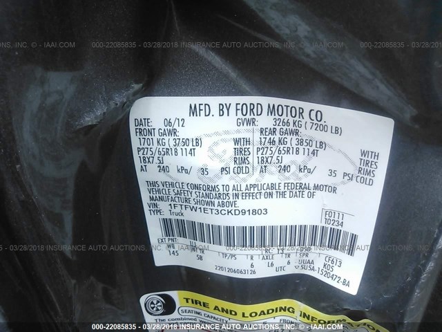 1FTFW1ET3CKD91803 - 2012 FORD F150 SUPERCREW GRAY photo 9