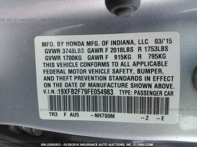 19XFB2F79FE054983 - 2015 HONDA CIVIC SE SILVER photo 9