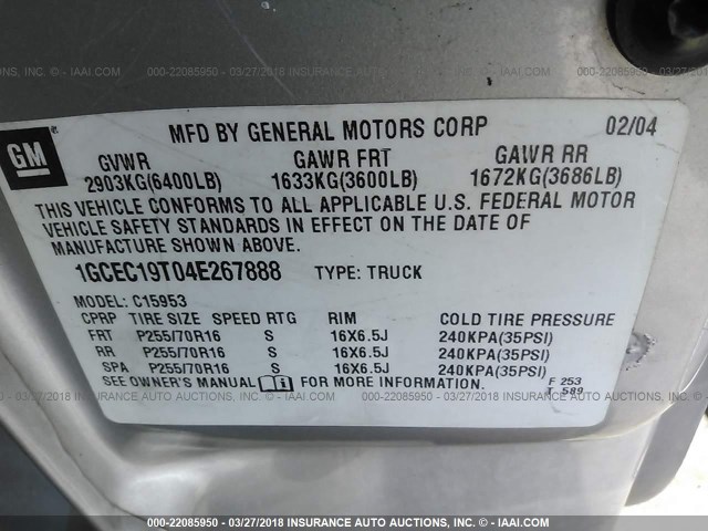 1GCEC19T04E267888 - 2004 CHEVROLET SILVERADO C1500 GRAY photo 9