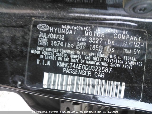 KMHCT4AE0DU322587 - 2013 HYUNDAI ACCENT GLS/GS BLACK photo 9