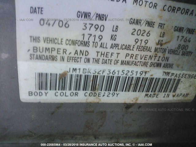 JM1BK32F361525191 - 2006 MAZDA 3 I GRAY photo 9