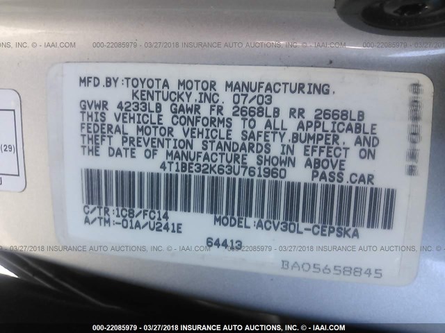 4T1BE32K63U761960 - 2003 TOYOTA CAMRY LE/XLE/SE ვერცხლისფერი ფოტო 9