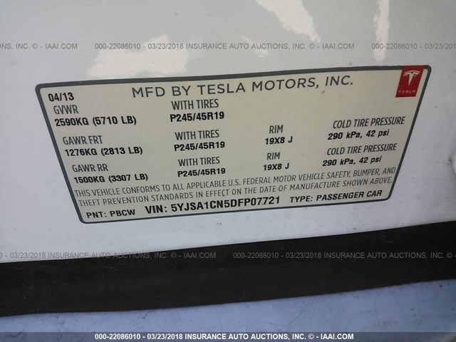 5YJSA1CN5DFP07721 - 2013 TESLA MODEL S WHITE photo 9