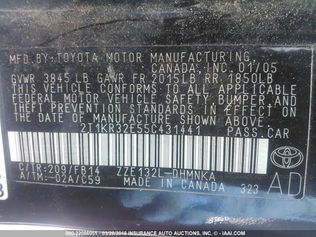 2T1KR32E55C431441 - 2005 TOYOTA COROLLA MATRIX XR BLACK photo 9