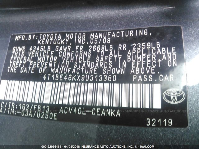 4T1BE46KX9U313360 - 2009 TOYOTA CAMRY SE/LE/XLE GRAY photo 9