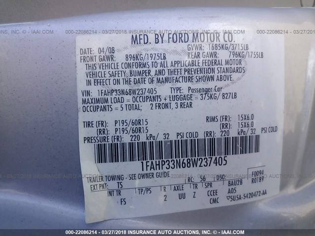 1FAHP33N68W237405 - 2008 FORD FOCUS SE/SEL/SES SILVER photo 9