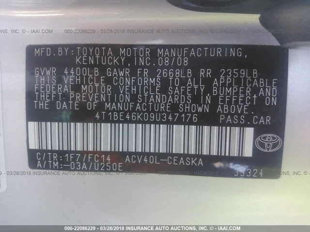 4T1BE46K09U347176 - 2009 TOYOTA CAMRY SE/LE/XLE SILVER photo 9
