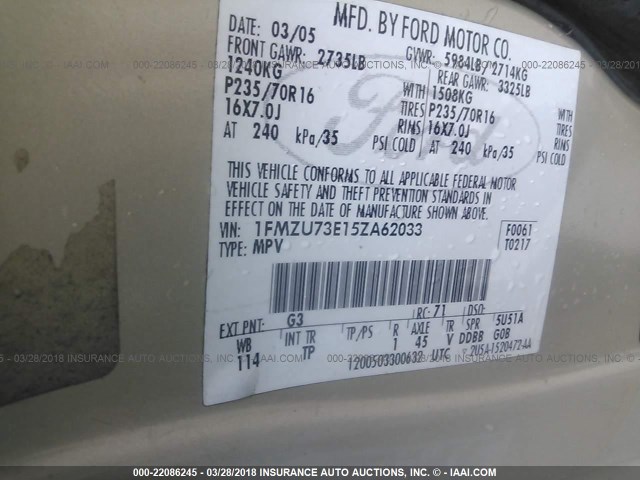 1FMZU73E15ZA62033 - 2005 FORD EXPLORER XLT/XLT SPORT/NBX CREAM photo 9