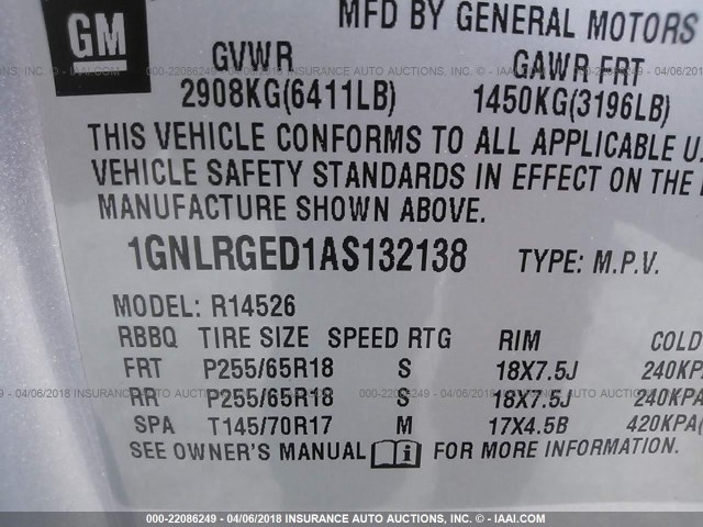 1GNLRGED1AS132138 - 2010 CHEVROLET TRAVERSE LT SILVER photo 9