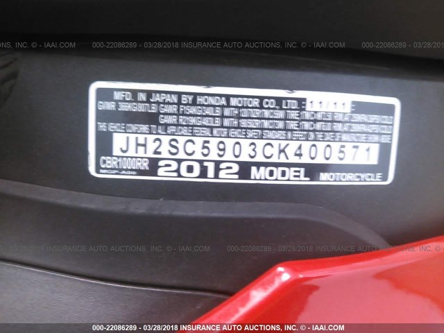 JH2SC5903CK400571 - 2012 HONDA CBR1000 RR RED photo 10