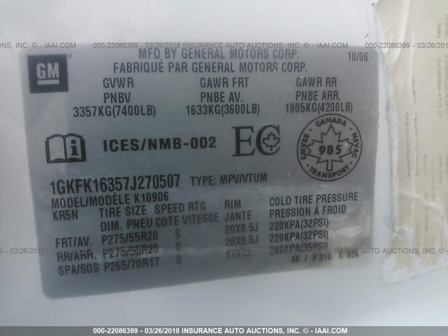 1GKFK16357J270507 - 2007 GMC YUKON XL K1500 WHITE photo 9