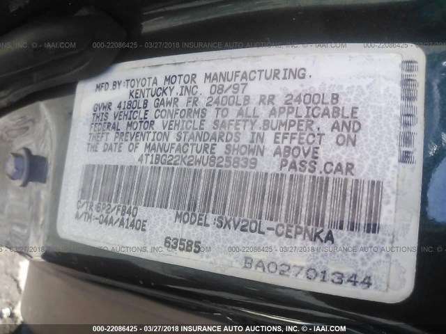 4T1BG22K2WU825839 - 1998 TOYOTA CAMRY CE/LE/XLE 绿色 照片 9