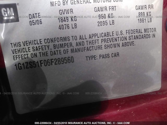 1G1ZS51F06F289560 - 2006 CHEVROLET MALIBU LS წითელი ფოტო 9